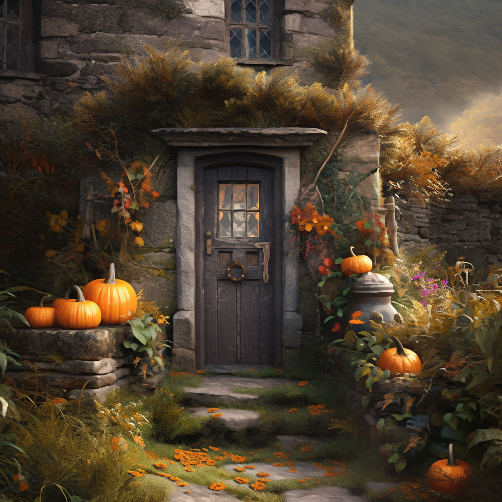 Eerie stone cottage in autumn