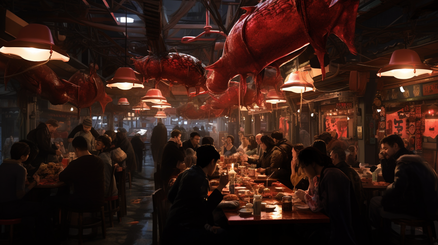 Group feasting on strange seafood in Asian restaurant