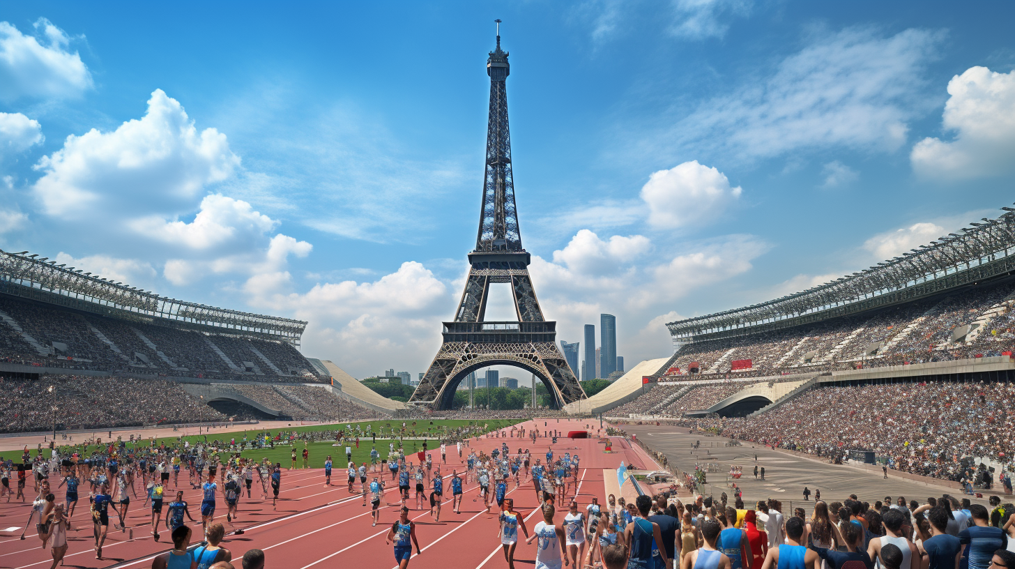 Eifeltower and Olympic Games Athletes on Stadium