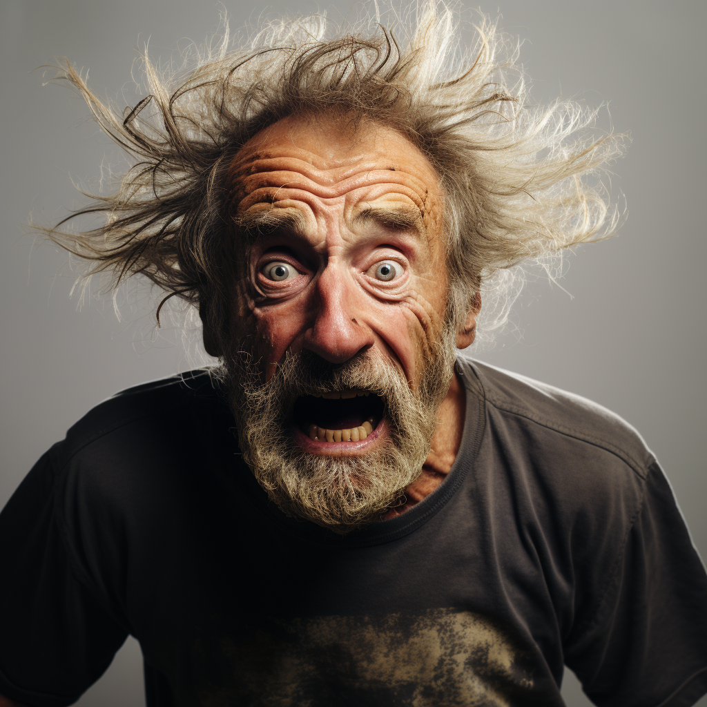 Elderly man in terror with wind blowing his hair