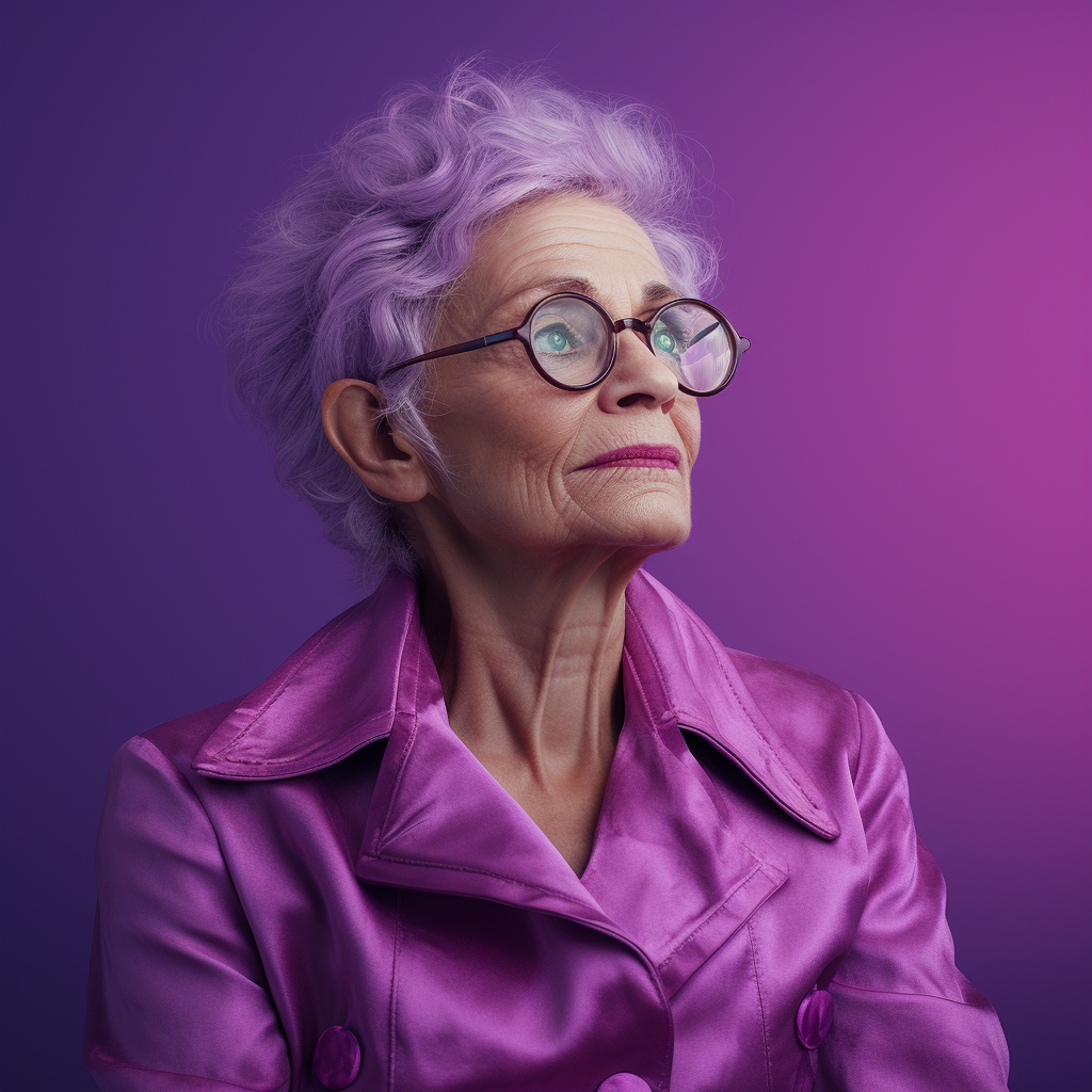 Elderly woman with vibrant pink hair on deep violet background