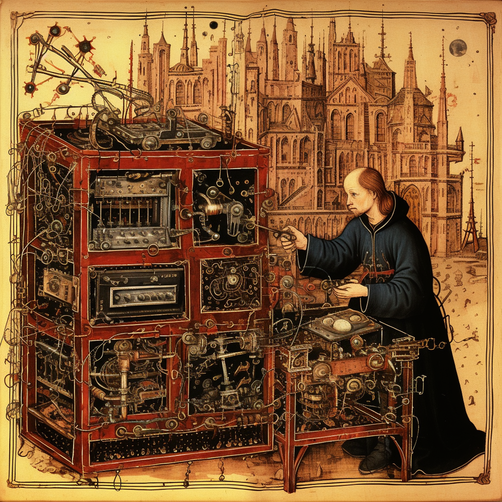 Medieval illuminated manuscript with computer components