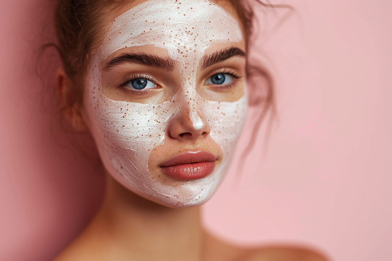 Woman with Cosmetic Mask on Light Pink Background