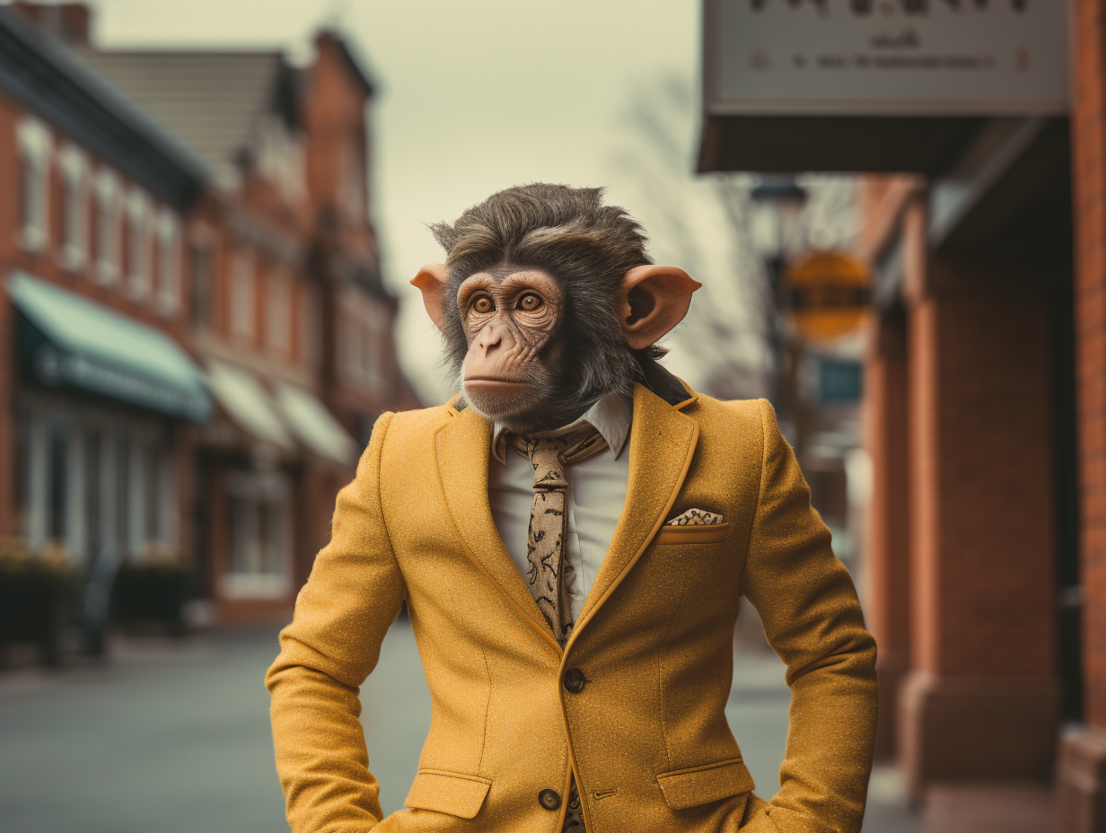 Monkey in elegant clothes on the street