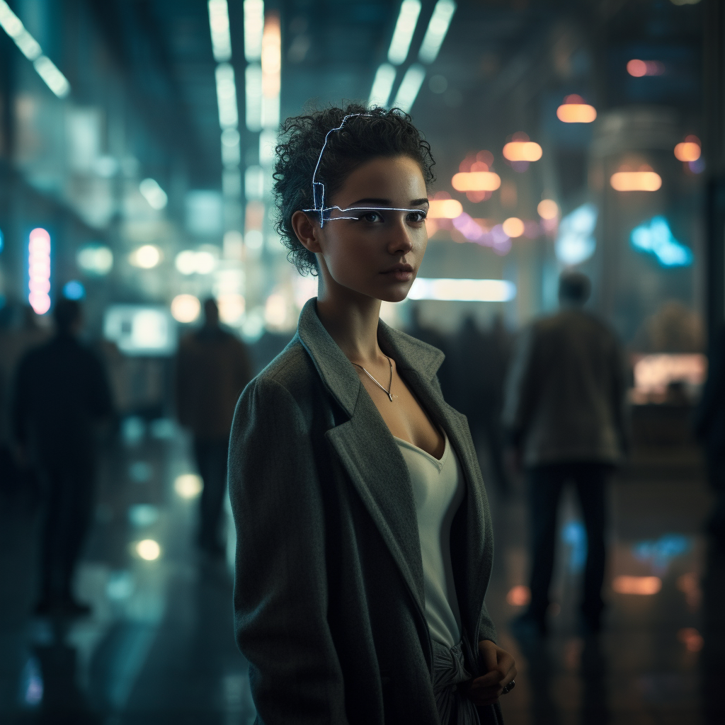 Beautiful woman in cyberpunk night cityscape