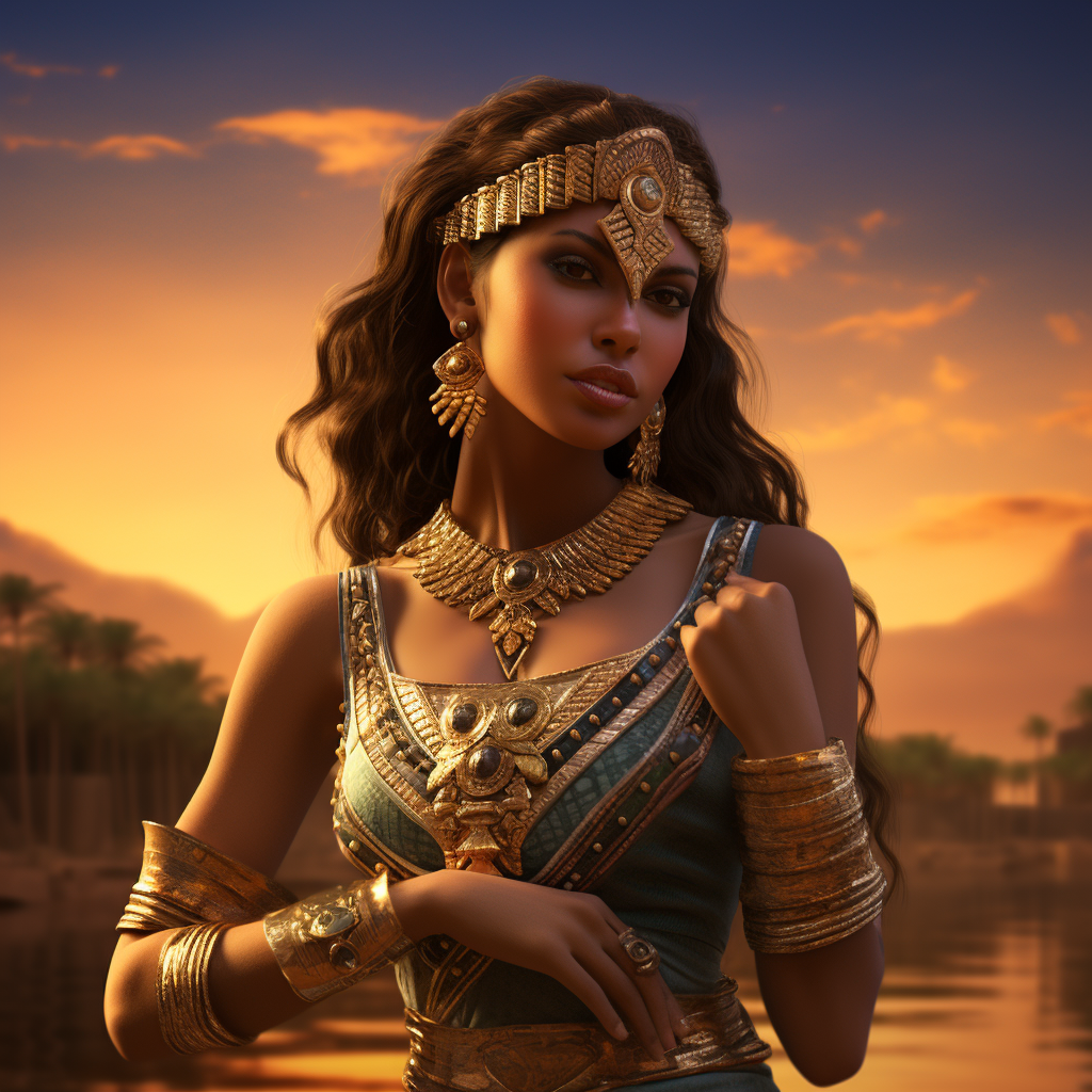 Beautiful Cleopatra in Egyptian attire by the Nile