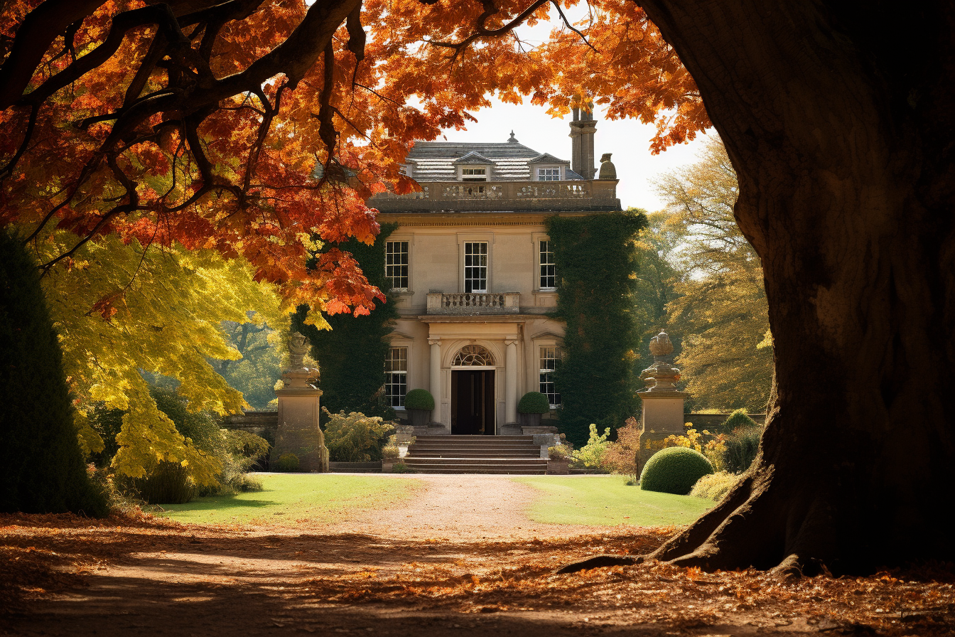 Elegant English Manor with Autumn Leaves