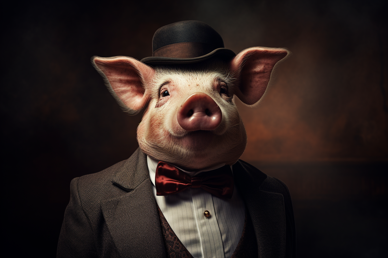 Stylish pig with Noculo, Bow Tie, Mustache, and Bowler Hat