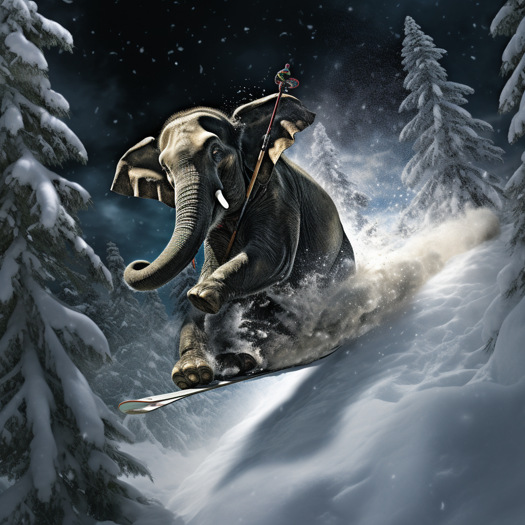 Elephant skiing crashing into tree