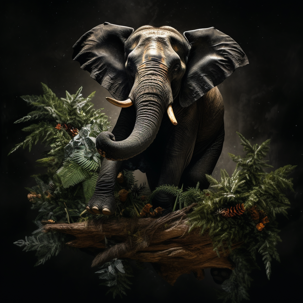 Elephant skiing crashing into tree