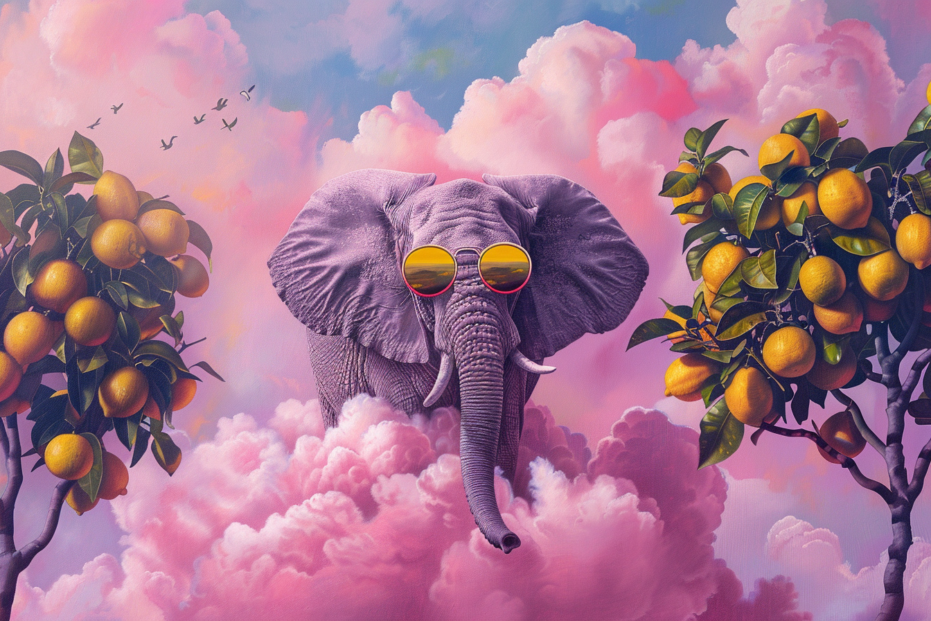 Elephant wearing sunglasses on pink cloud