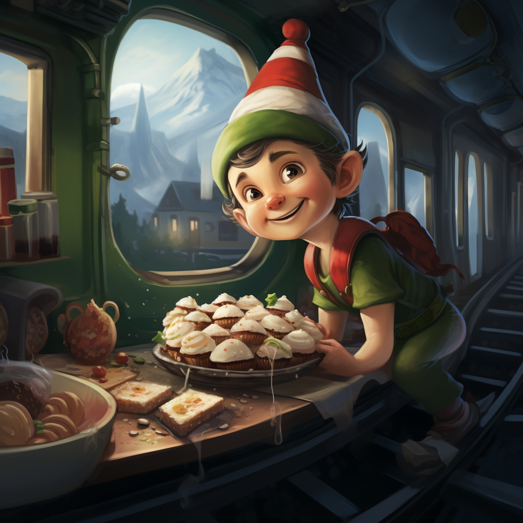 Cute Elf Train Engineer Enjoying a Delicious Pastry