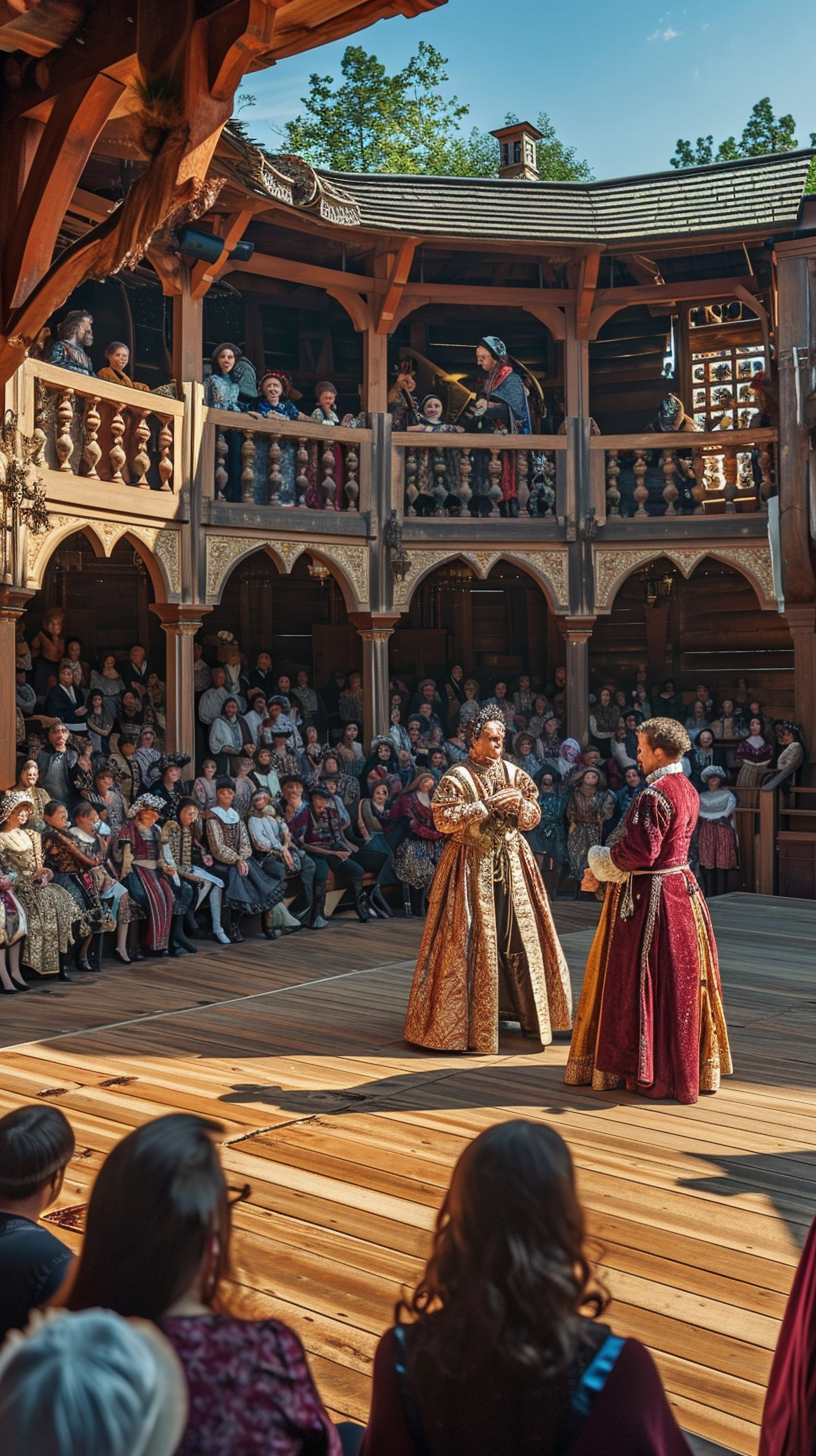 Elizabethan theater scene with actors performing drama