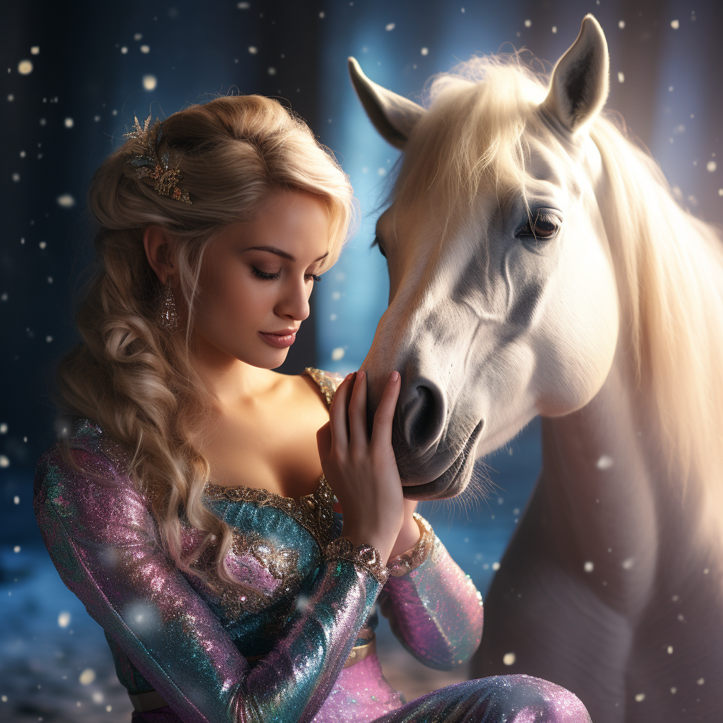 Elsa petting beautiful unicorn with glittery tail