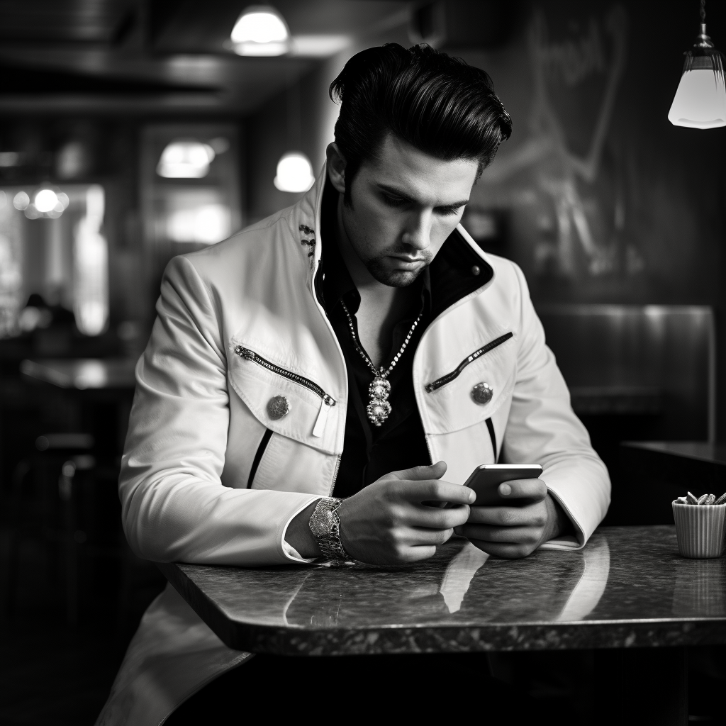 Sad Elvis Presley Swiping Smartphone at Cafe  ?