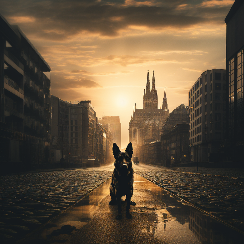 German Shepherd standing in empty city street