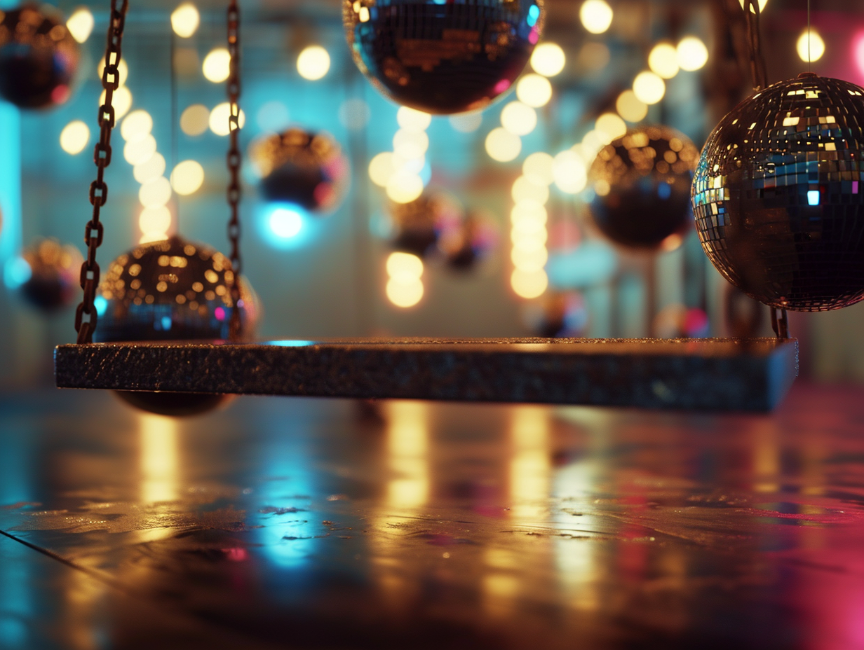 Empty hanging swing in disco ball-filled room