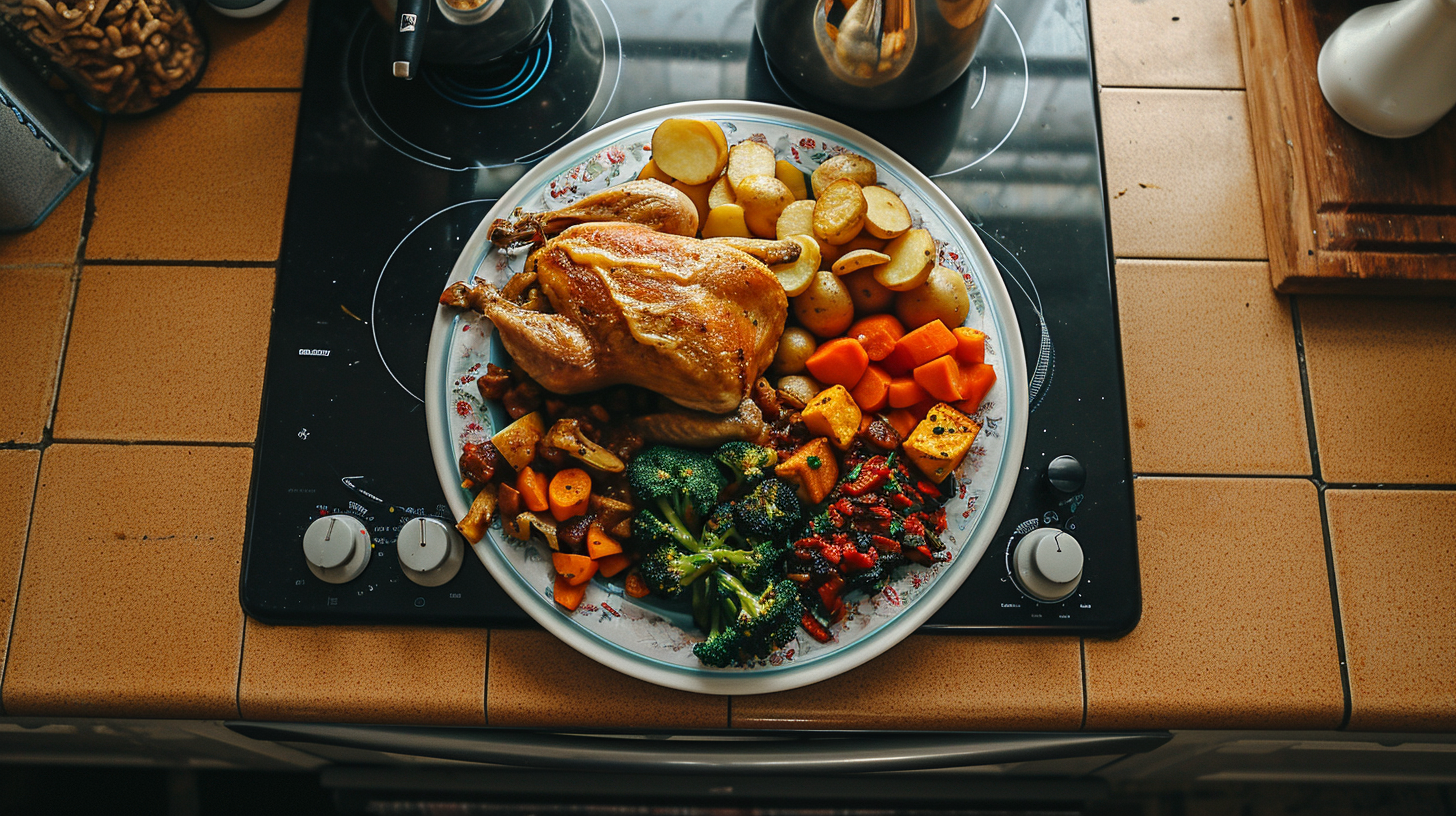 Empty kitchen worktop with overflowing roast dinner plate