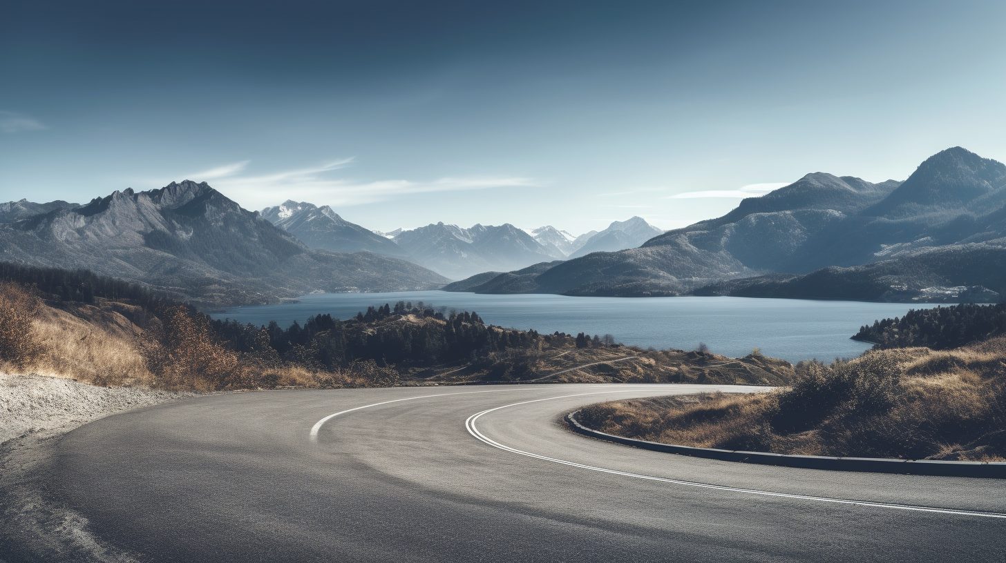 Empty Landscape with Lake, Mountains, and Curved Asphalt Street