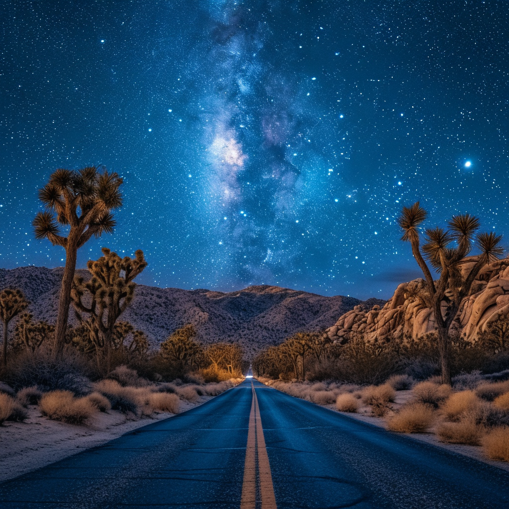 Night Stars Trees on Empty Road