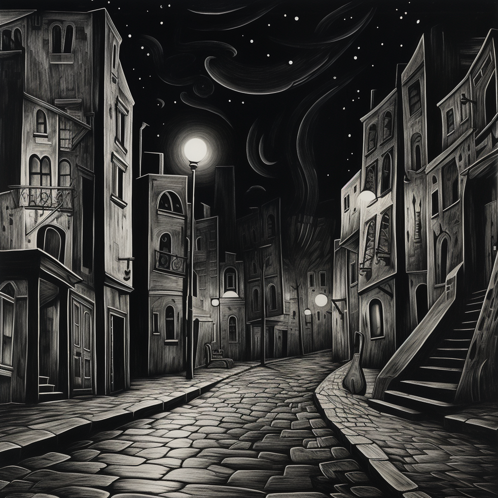 Rough pencil sketch of empty street at night in 1940