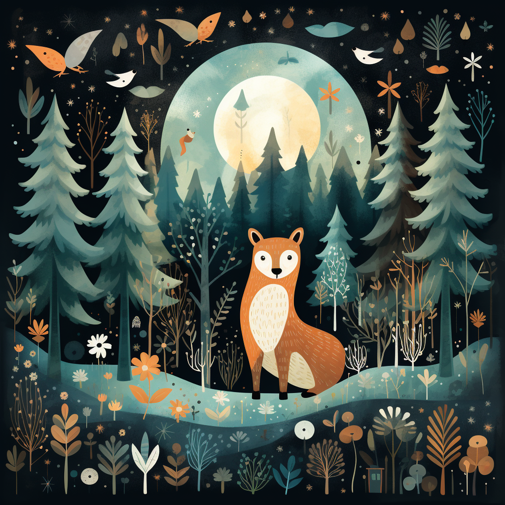 Animals in Enchanting Night Forest