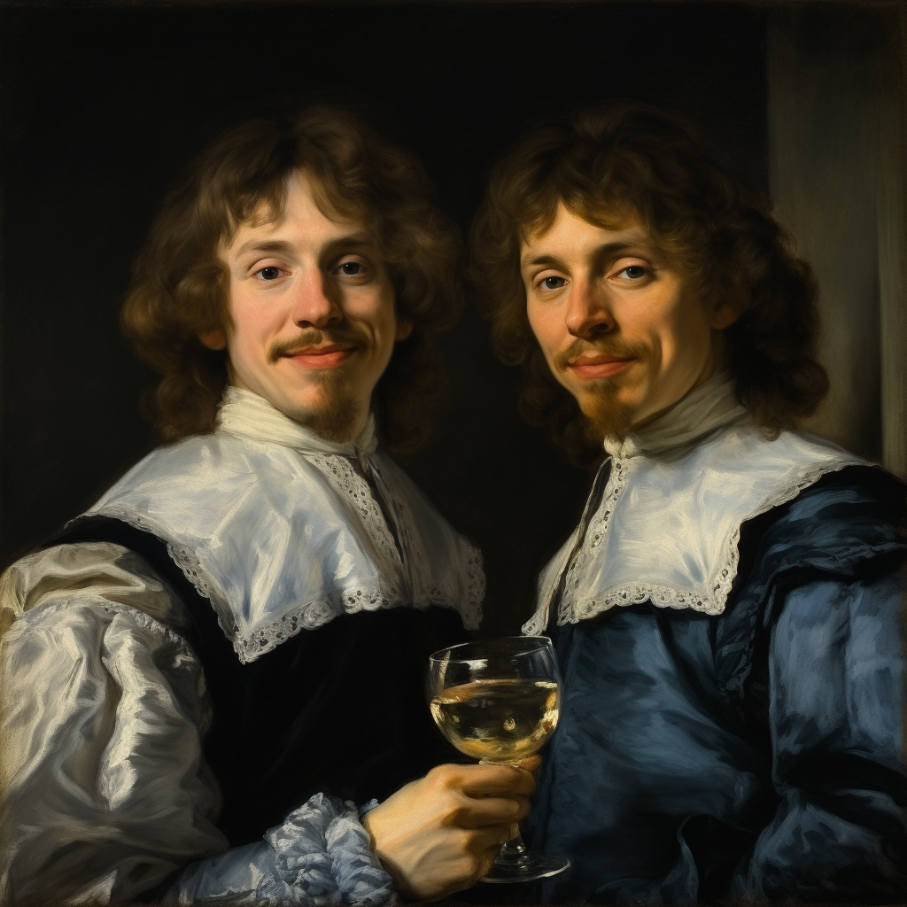 Portrait of two English gentlemen with curly brown hair holding a brown bottle