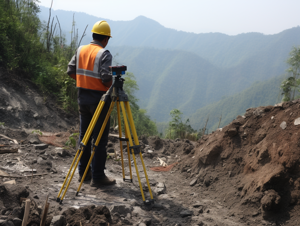 Engineer conducting geological survey in Asia with blue top