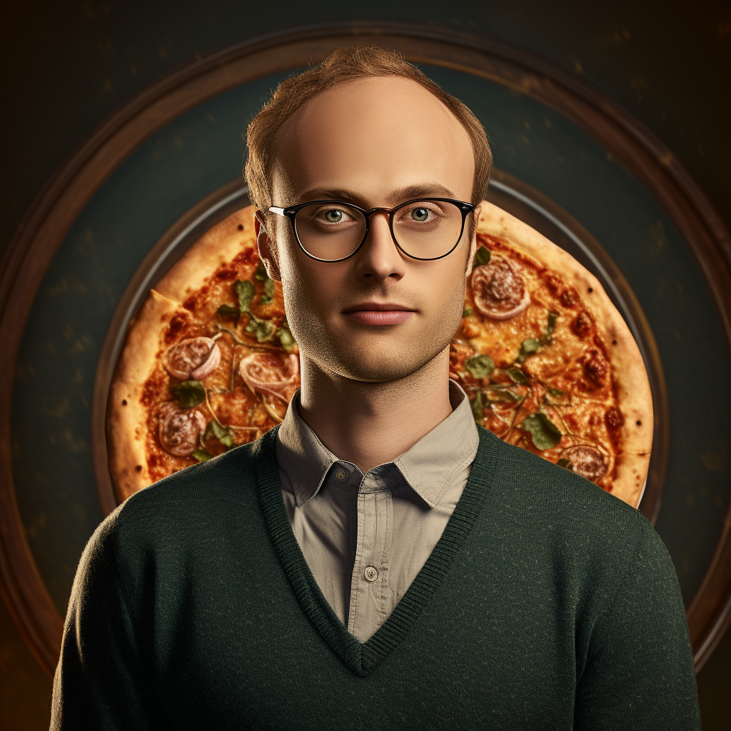 Young English man with glasses and award-winning pizza logo
