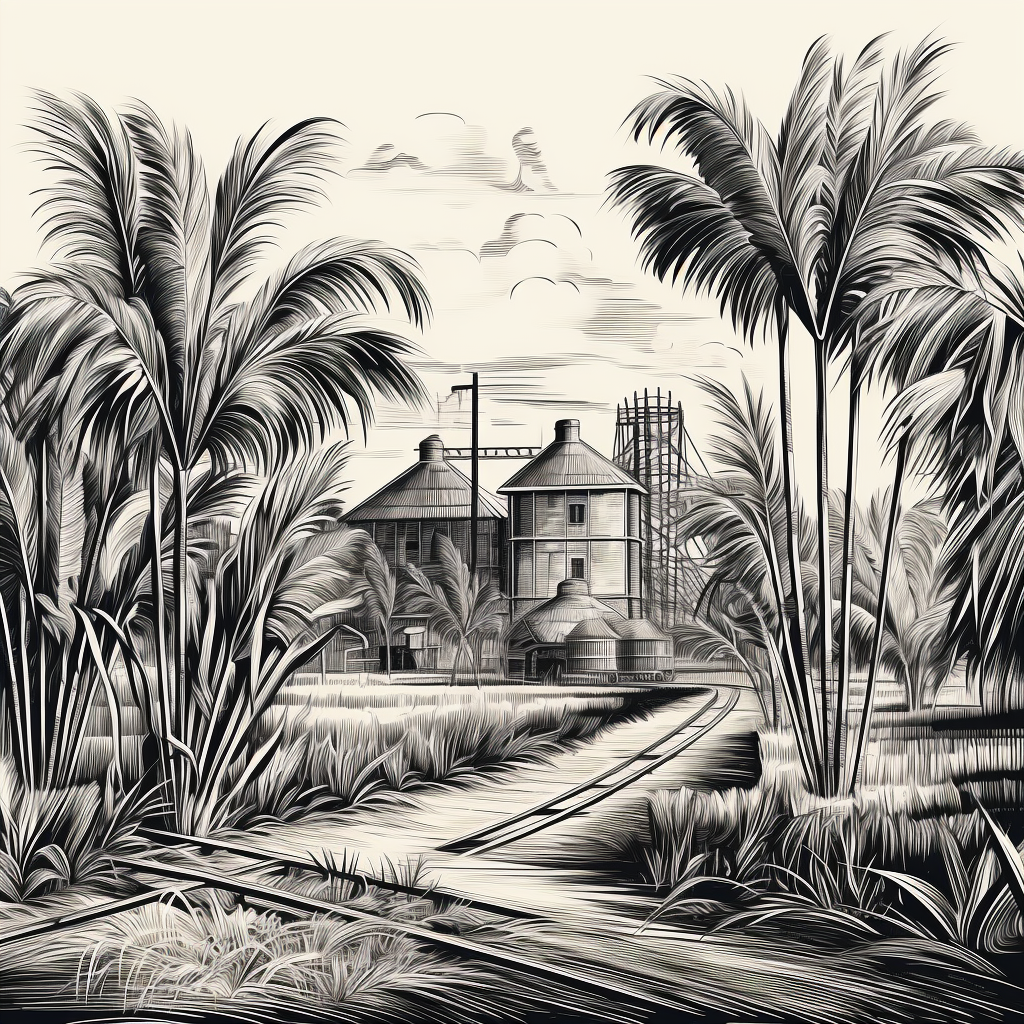 Engraving of sugar cane plantation with palm trees