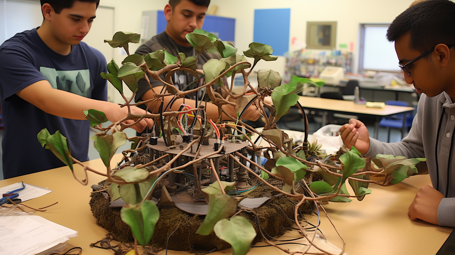 Students constructing eolic plant model