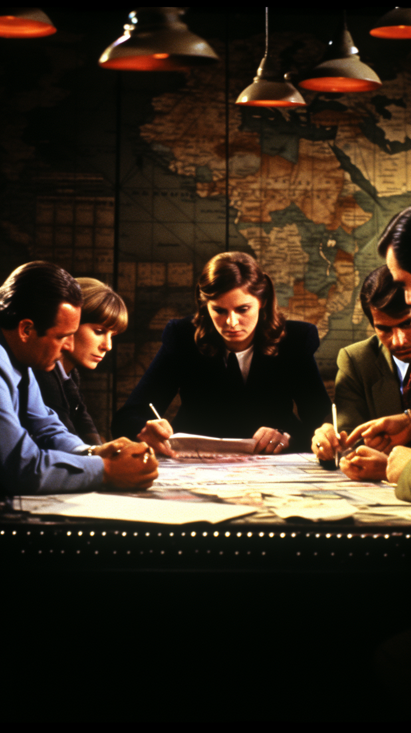 Agents discussing strategies with maps and gadgets