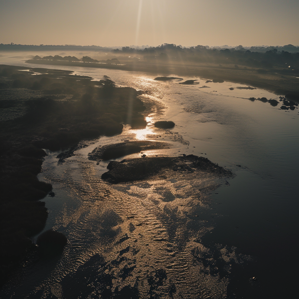 Aerial view of misty estuary with lens flare