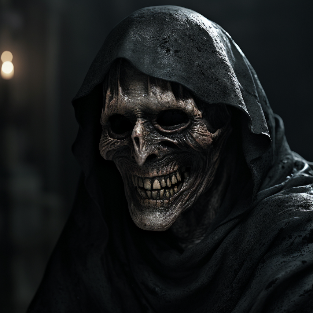 Smiling personification of death in black robes