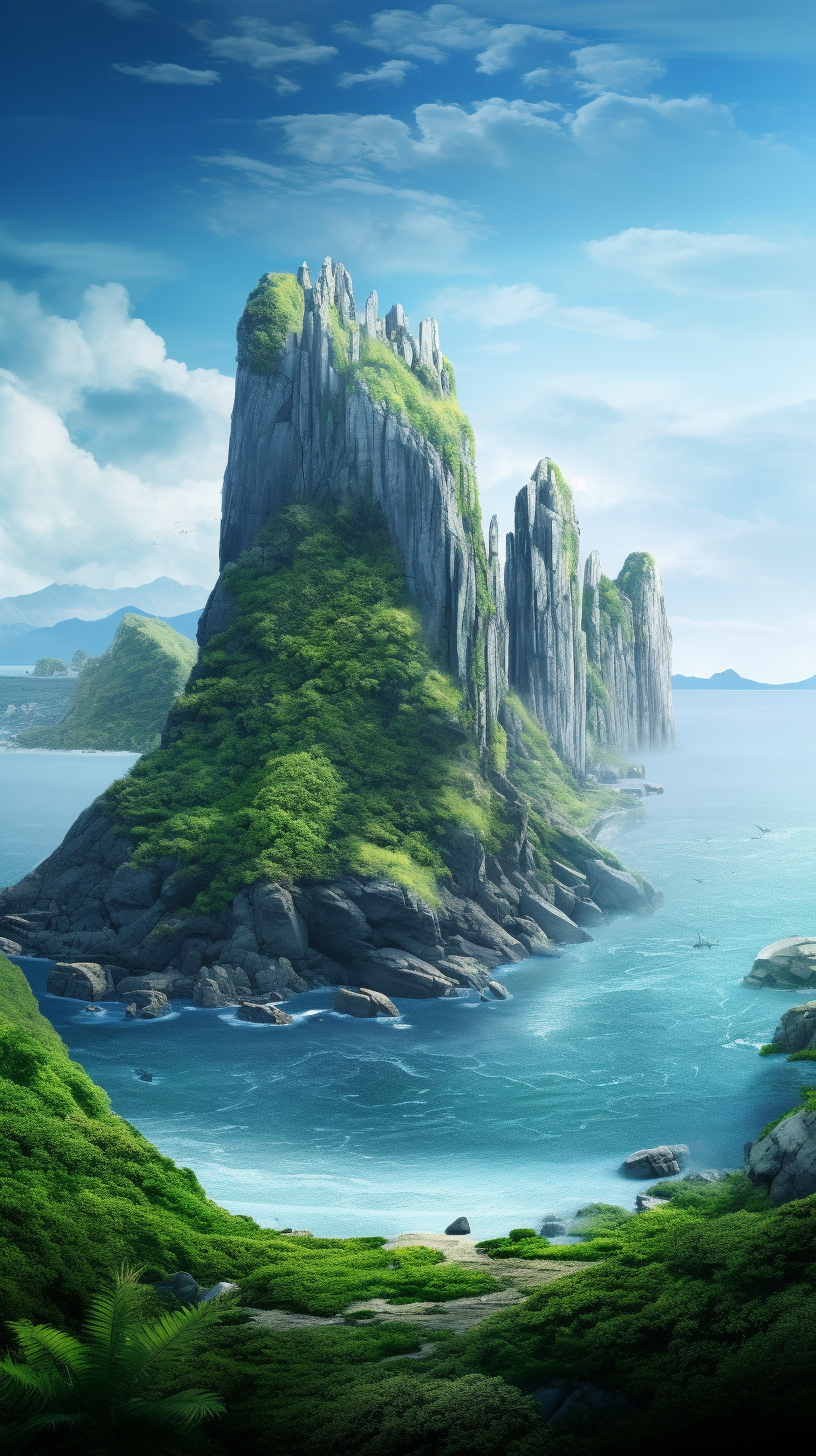 Majestic ethereal island surrounded by lush greenery