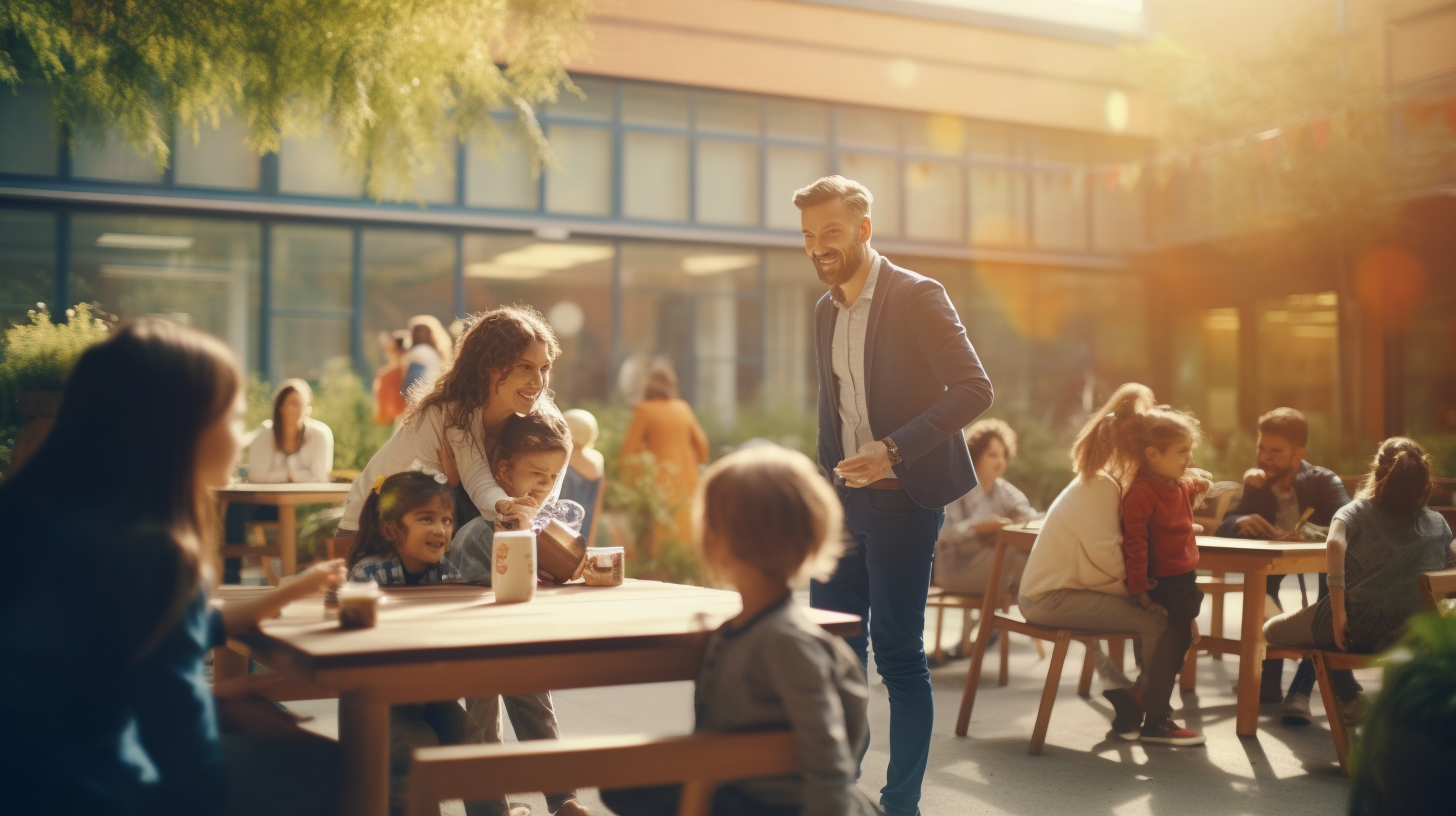 European parents and children playing in community centre