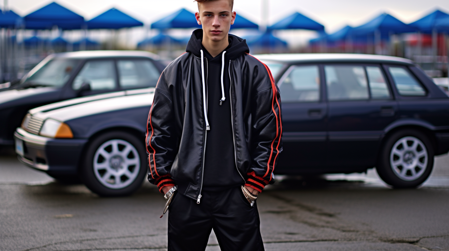 Stylish European Teenage Driver beside Black Sports Car