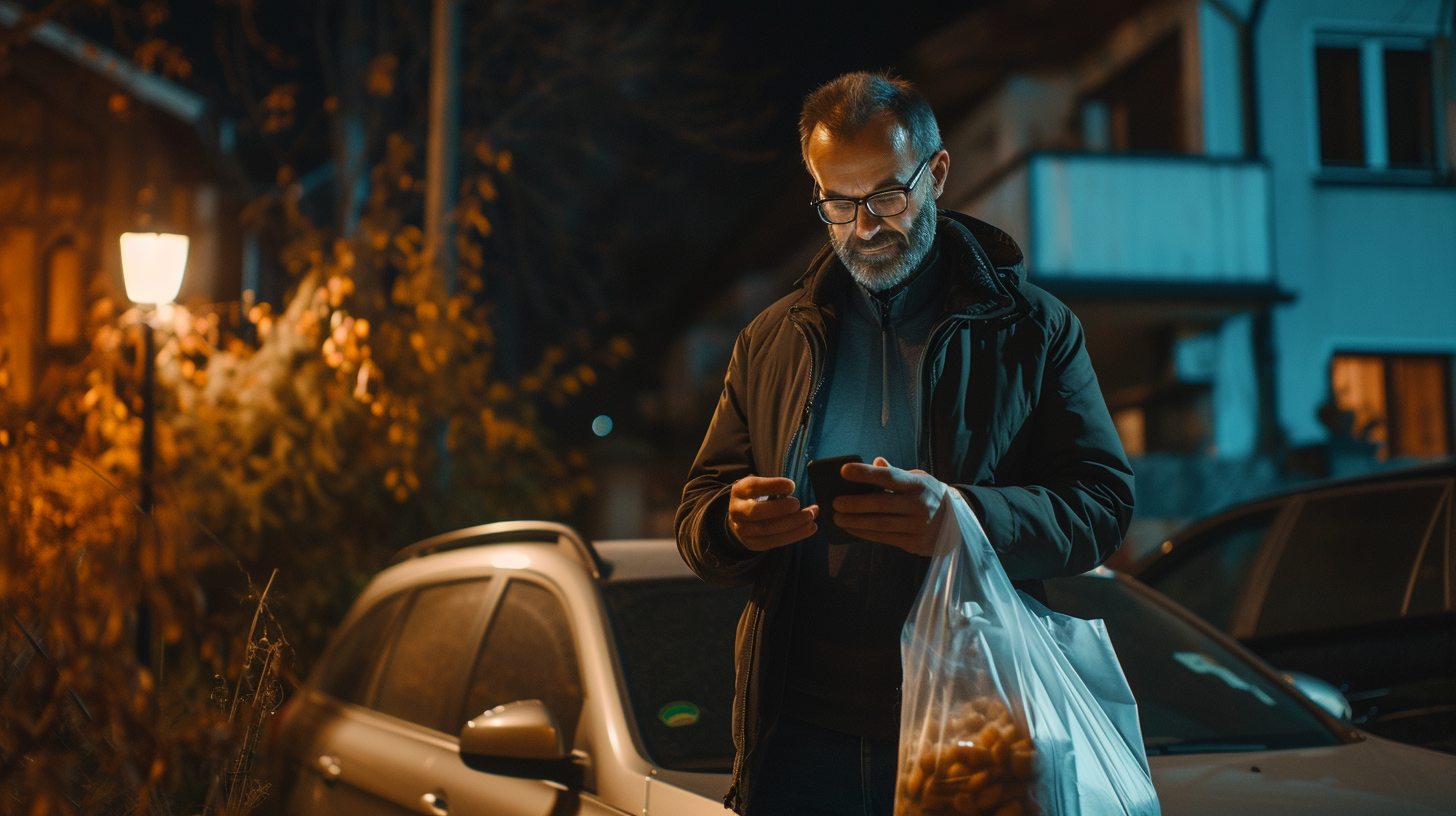 European man near car with food and phone