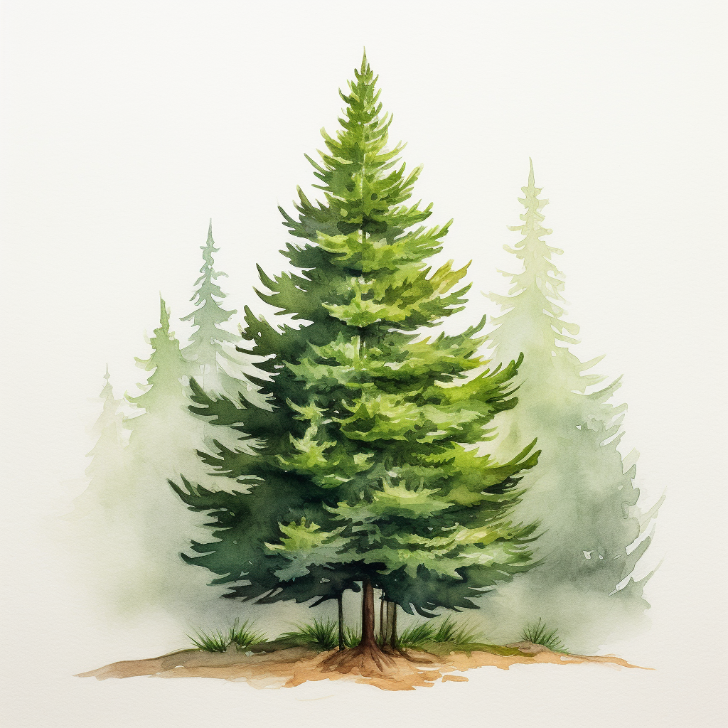 Beautiful watercolor evergreen tree with subtle wash background