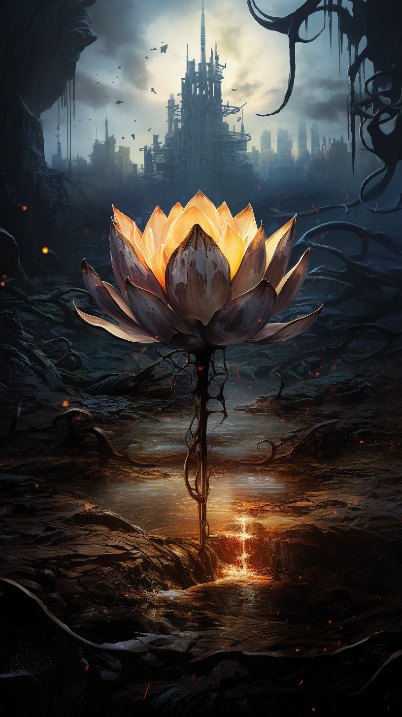 Sinister lotus flower in dystopian setting