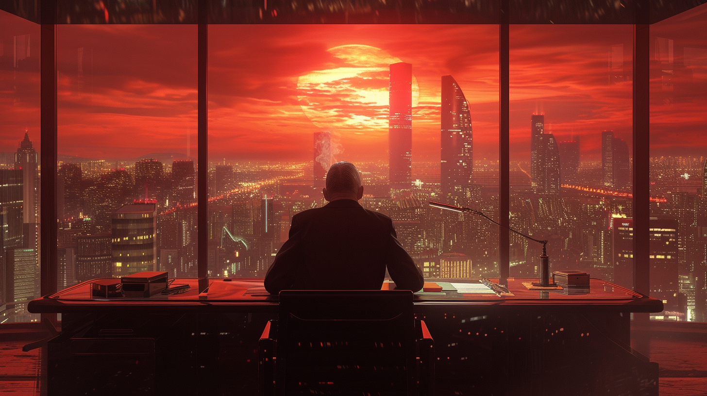 Man in Suit Smoking Cigar in Boardroom