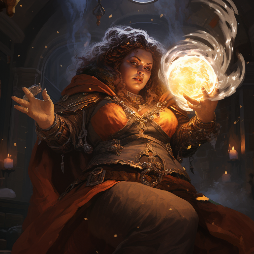 Overweight evil sorceress casting spell