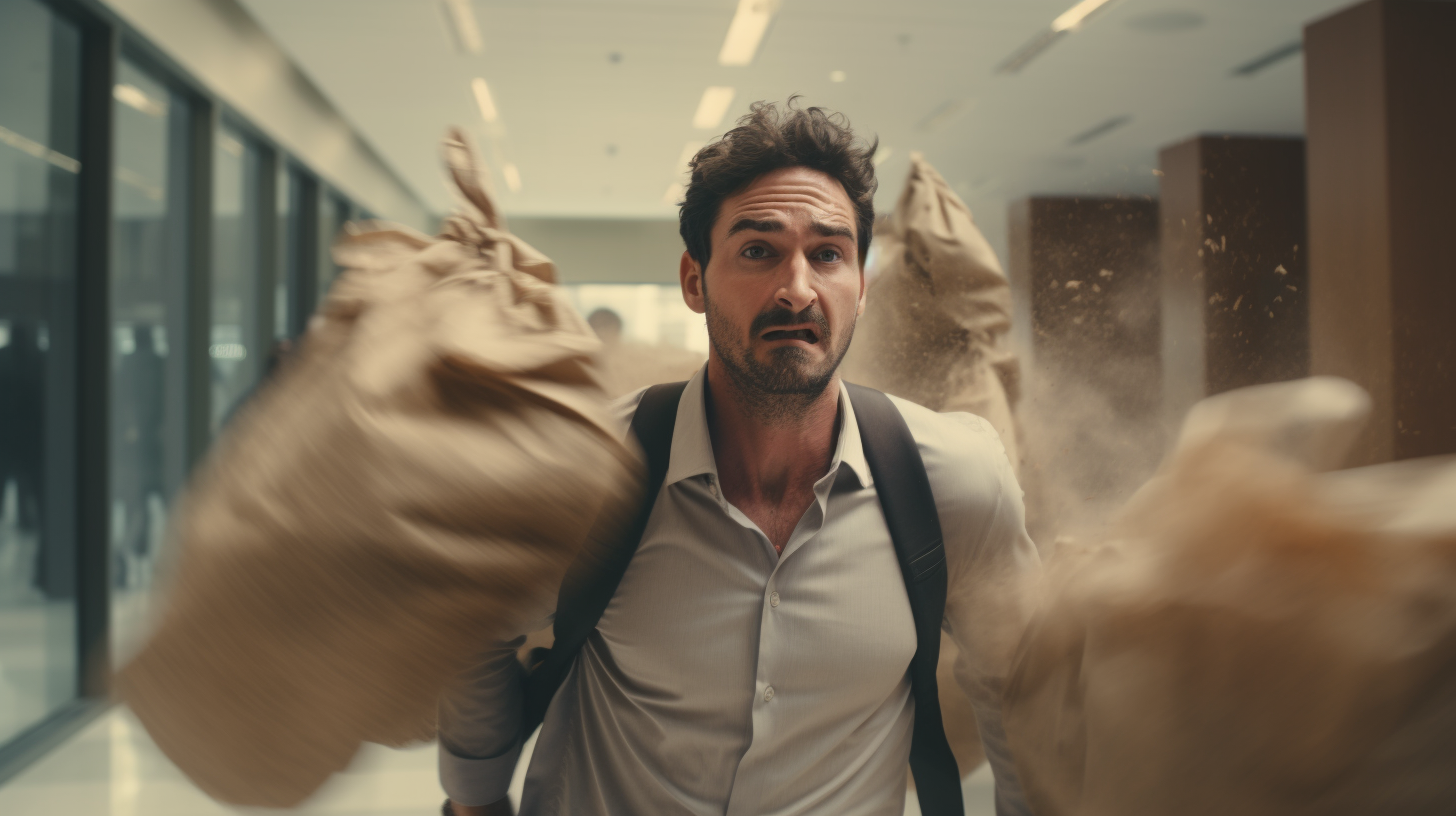 Tired man dragging burlap sack in office