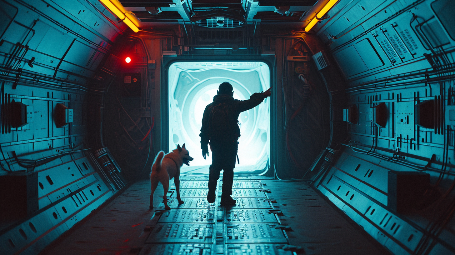 Man with White Shiba Inu Exiting Spaceship