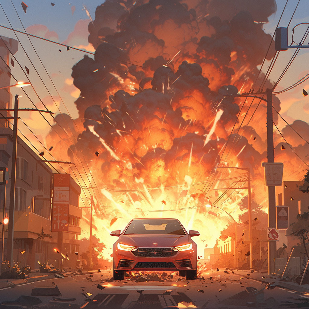 Hyperrealistic explosion in town with cars