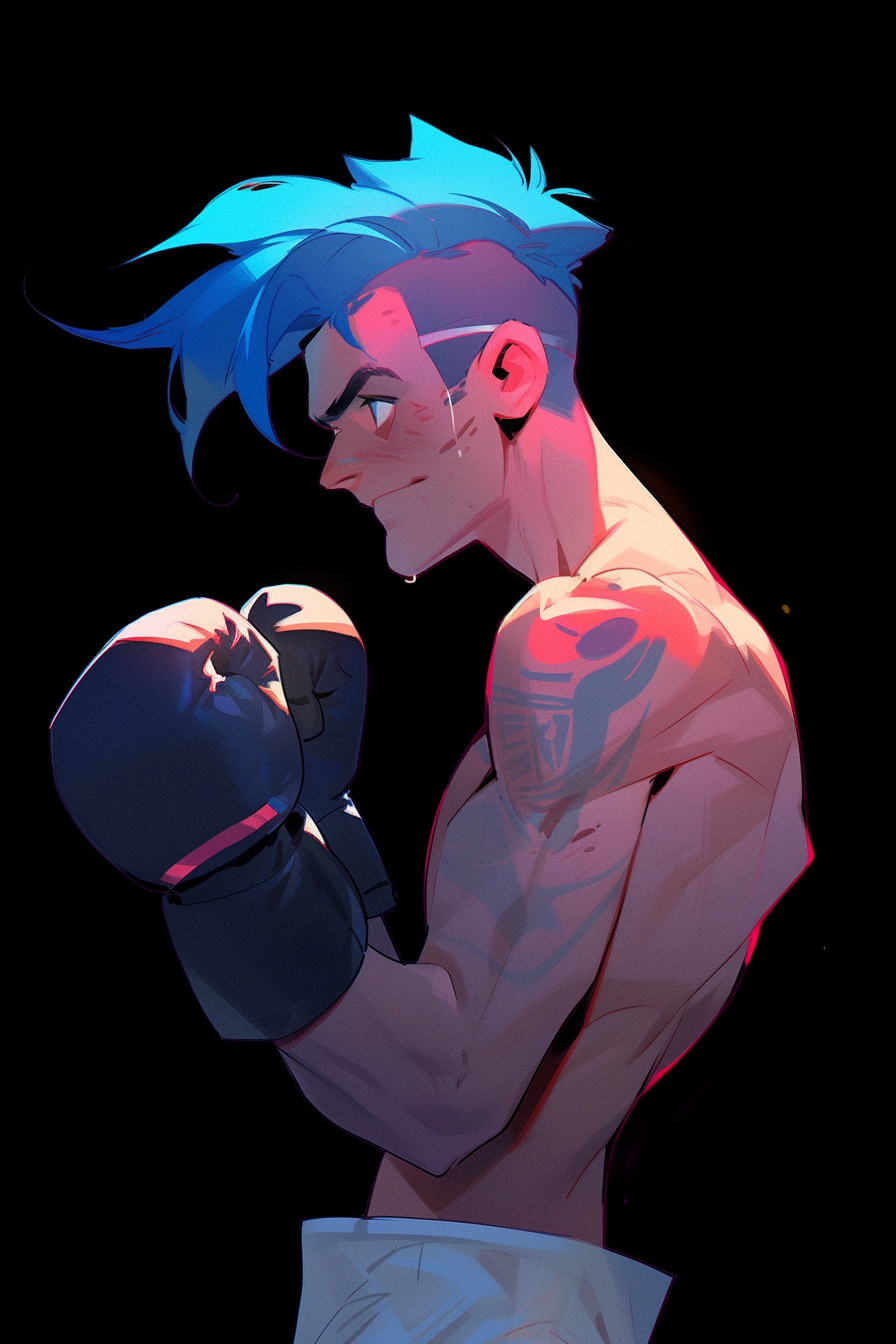 Illustration of expressive blue-haired boxer