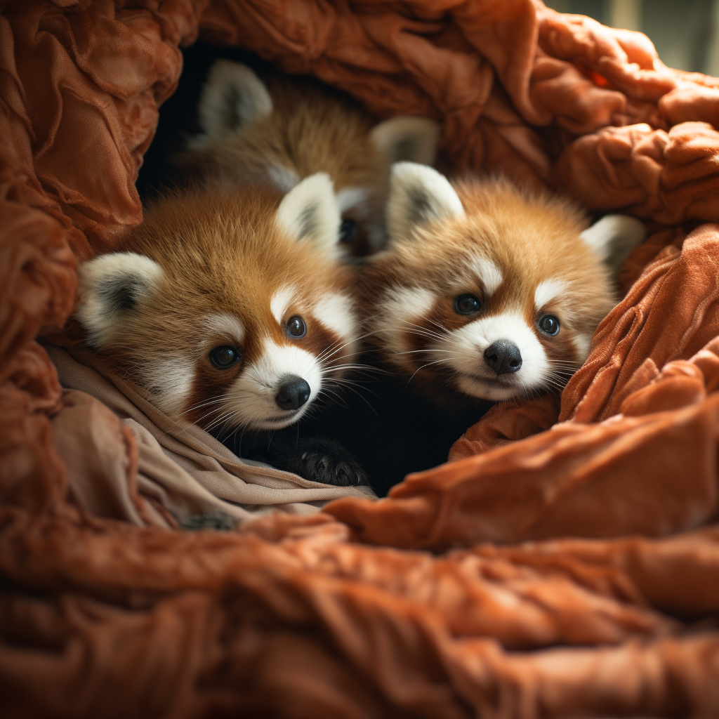 Cute red pandas playing in blankets