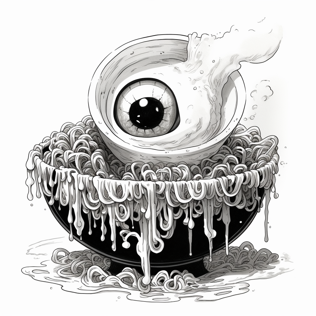 Spooky eyeball ramen ink illustration