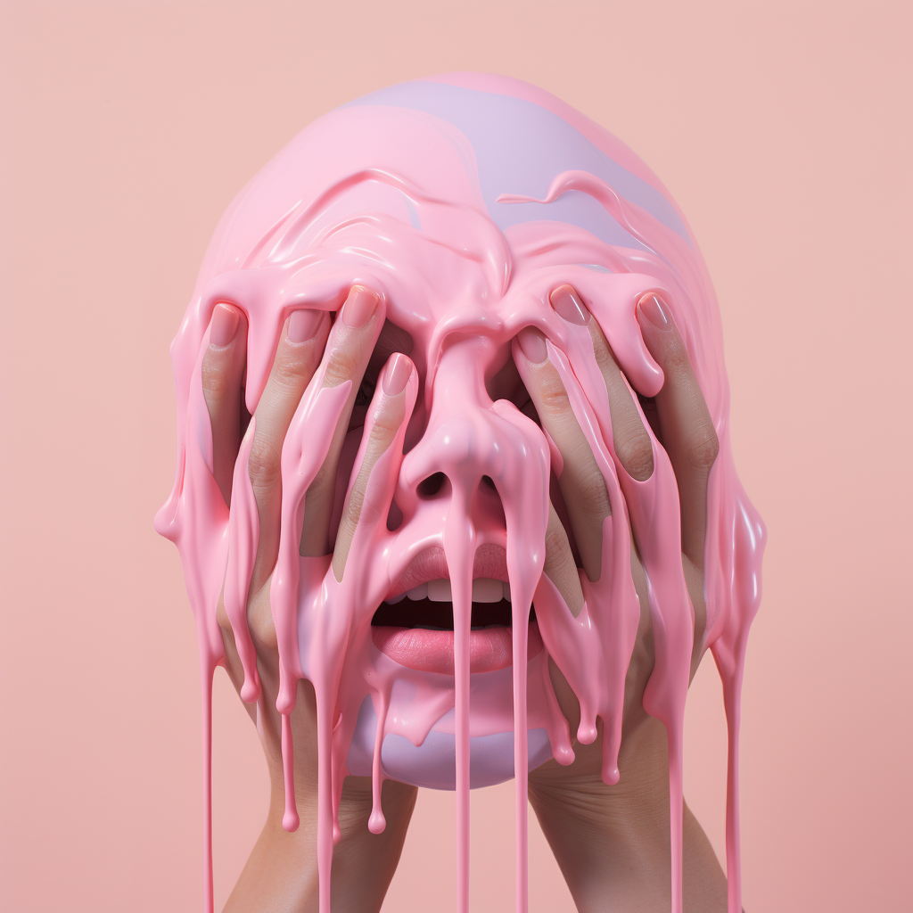 Face melting into hands on pink background