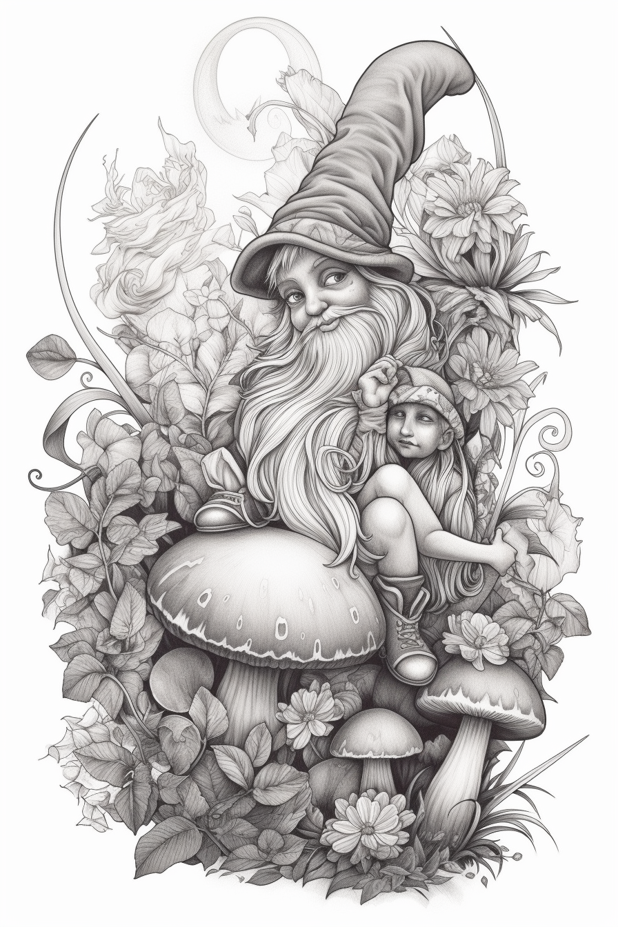 Fairy and Gnome Playing Black White Sketch